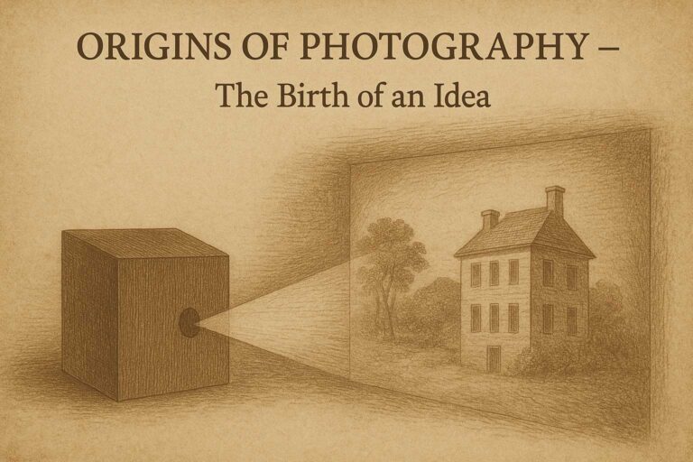 Sepia illustration of a camera obscura projecting an inverted image of a house and tree, feature image for Origins of Photography Part 1 blog post.