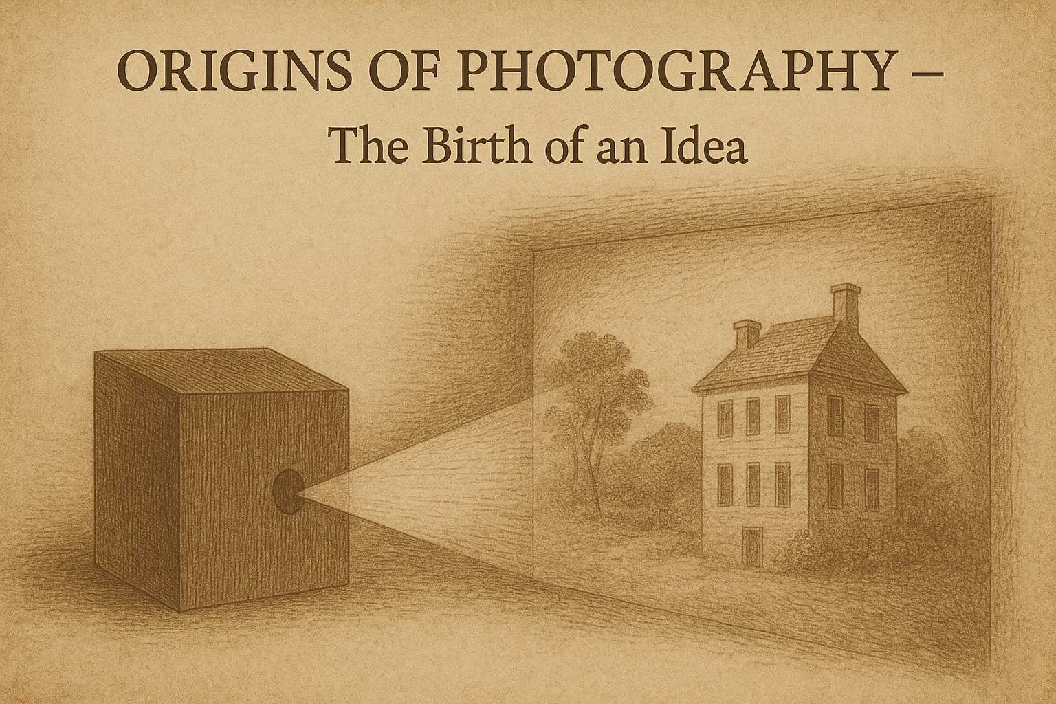 Sepia illustration of a camera obscura projecting an inverted image of a house and tree, feature image for Origins of Photography Part 1 blog post.