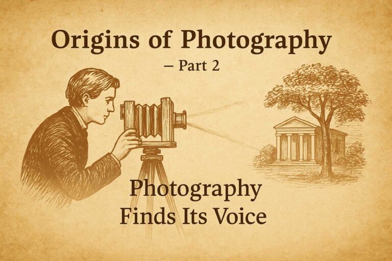 Sepia illustration of a 19th-century photographer using a bellows camera on a tripod, feature image for Origins of Photography Part 2 blog post.