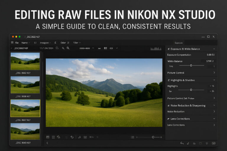 Screenshot of Nikon NX Studio showing a RAW photo being edited with exposure, white balance, highlights, shadows, and lens correction settings displayed.