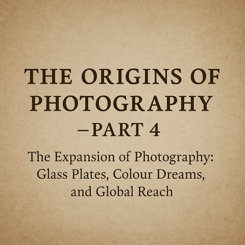 Sepia-toned feature image with elegant typography reading “The Origins of Photography – Part 4: The Expansion of Photography – Glass Plates, Colour Dreams, and Global Reach,” symbolising the 19th-century evolution of photography and its mindful artistic legacy.